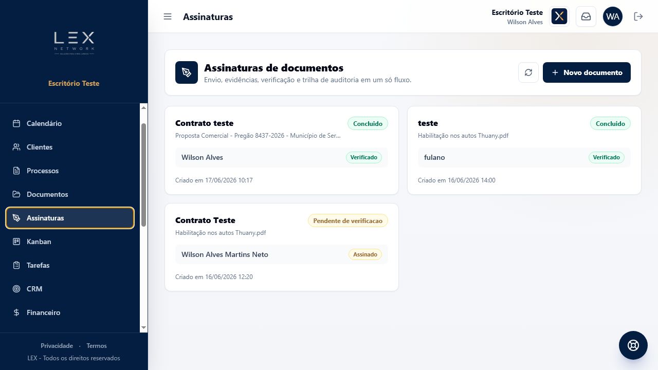 Tela de assinaturas do Lex Network