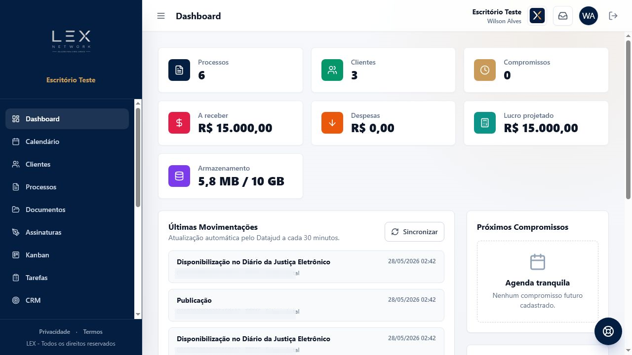 Dashboard do Lex Network com dados sensíveis borrados