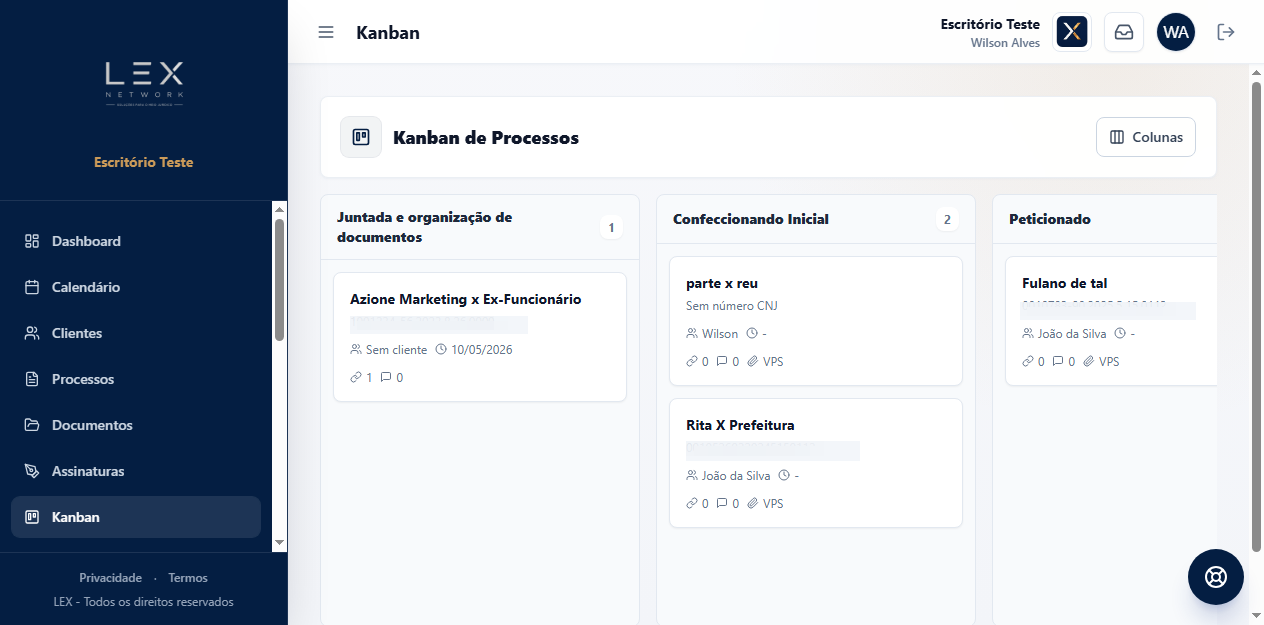 Kanban do Lex Network com números processuais borrados