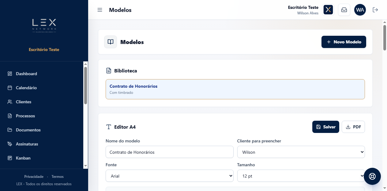 Tela de modelos e documentos do Lex Network